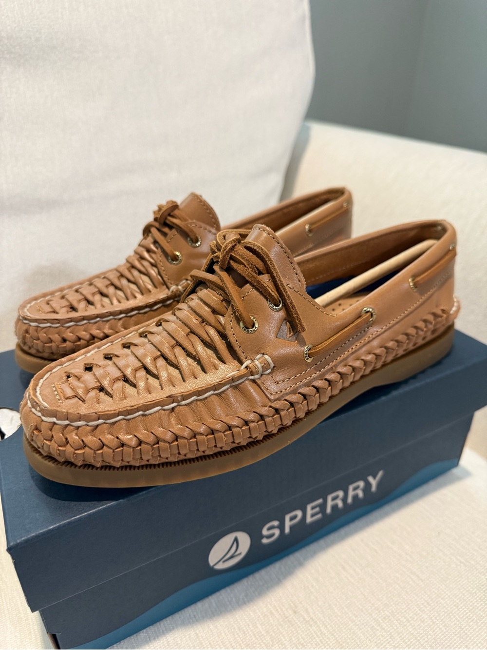 NWT Sperry Authentic Original Woven Boat Shoes Tan Leather Loafers Women’s 7